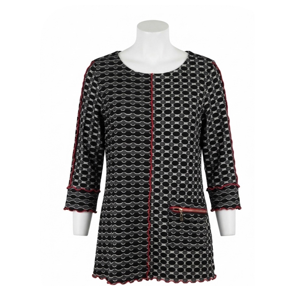 Ali Miles Tunic Top L Black Red White Geometric Textured Zip Pocket 3/4 Sleeve